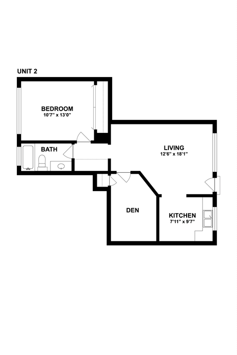 Floor plan for 1 bed, 1 bath, 677 sqft